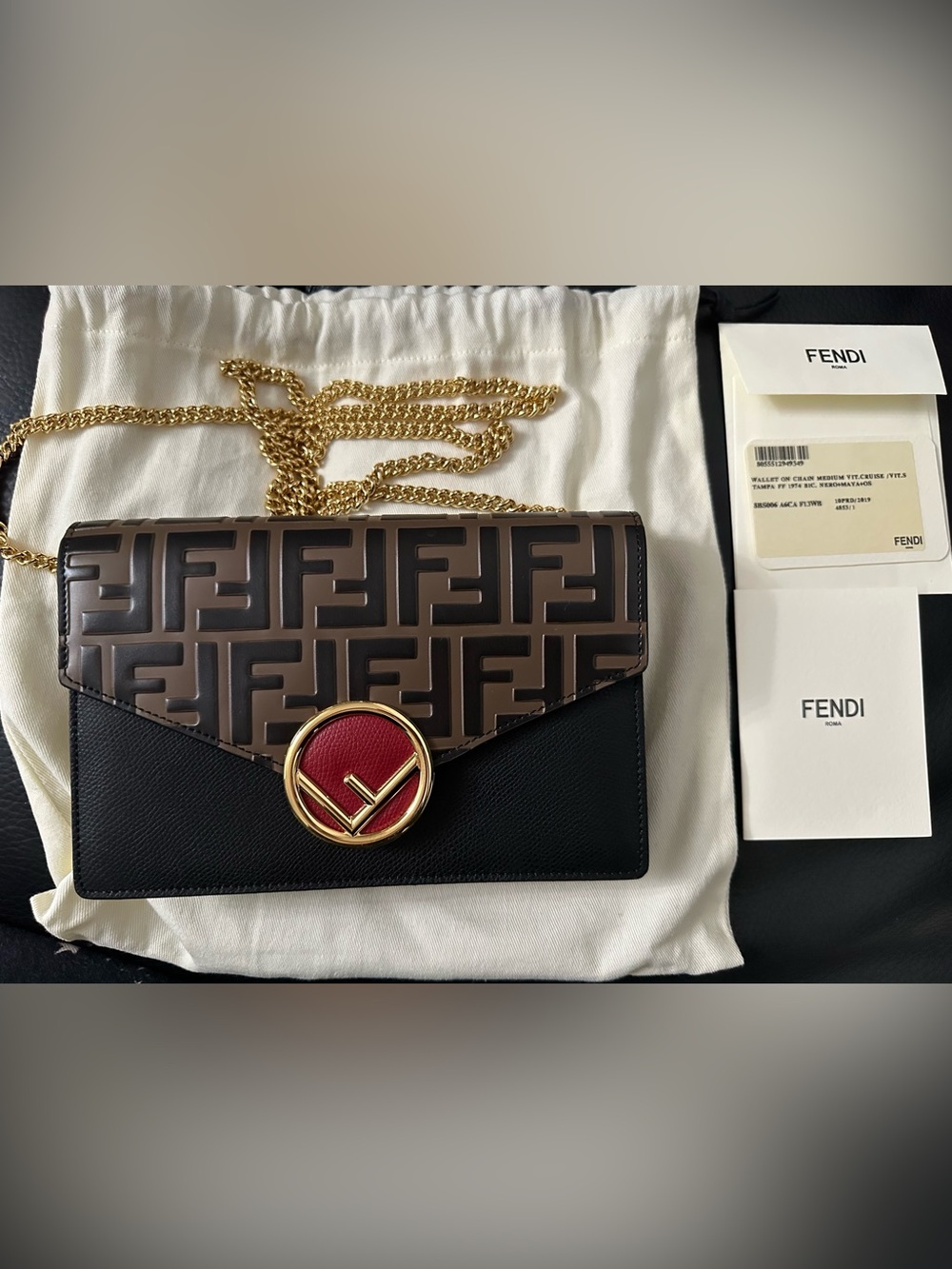 Fendi Black, Brown & Red FF Logo Wallet on Chain Envelope - Picture 2 of 13
